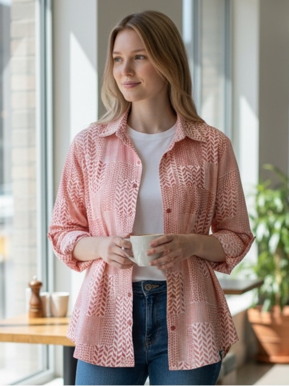 Chico’s Women’s No-Iron Pink Patterned Button-Up Shirt (2) Large